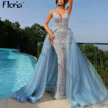  Açık Mavi İnciler Spagetti Sapanlar Abiye Tül Tain 2023 Boncuklu Güzel Balo Abiye Kadınlar Pageant Elbiseler Dubai Elbisesi
