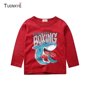  TUONXYE Erkek T-shirt Bahar Karikatür Köpekbalığı Düz Renk Pamuk Rahat Uzun Kollu Üst Bebek Yuvarlak boyun Çocuk Giysileri 2-9y