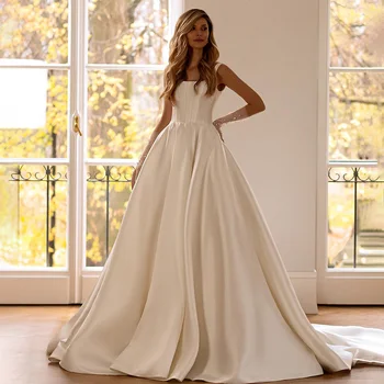  POMUSE Seksi Kare Yaka düğün elbisesi plise A-line Kat Uzunlukta Düğün Gelin Kıyafeti Custom Made Vestido De Novia Kadınlar için
