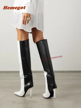  İki Tonlu Deri Diz Yüksek Çizmeler Stiletto Topuklu Sivri Burun kadın Botları Üzerinde Kayma Rahat Yeni 2024 Pist Ayakkabı Seksi Kış
