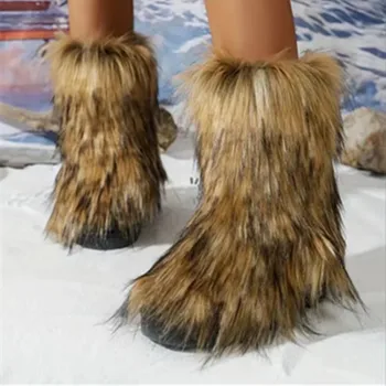  Kadın Moda Kayma Sıcak Kar Botları 2023 Kış Lüks Açık Kürklü Faux Fox Kürk Çizmeler Tasarımcı Peluş Sıcak platform ayakkabılar