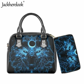  Jackherelook kadın Klasik askılı çanta 2 adet Moda Yeni Vahşi Kurt Desen Baskı Tasarım omuzdan askili çanta uzun cüzdan Çanta