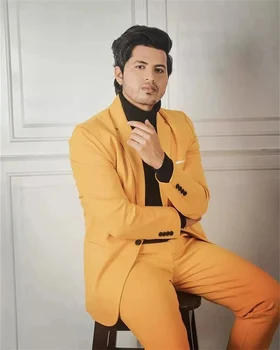  Yeni Tasarım 2 adet Erkek Takım Elbise Setleri Slim Fit Çentik Yaka Ceket Custom Made Sarı Blazer Pantolon Düğün Parti Giyim Erkek Ceket + Pantolon