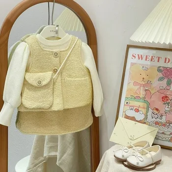  Kore Tarzı Kız Takım Elbise Etek Sonbahar ve Kış 2023 Yeni Moda Polar Astarlı Bebek Kız Yelek Kısa Etek İki Parçalı Set