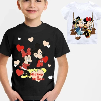  2022 Yaz Yeni Disney Karikatür Anime Elbise Siyah Beyaz ekip Boyun Erkek Kısa Kollu Sevimli Mickey Minnie Mouse Baskı Üst kızlar tee