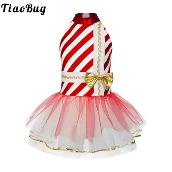  Çocuk Kız Noel Elf Kostüm Noel Santa Çizgili Bale Dans Tutu Elbise Leotard Cosplay Parti Sahne Performansı Giyim