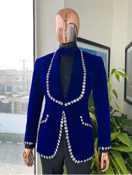  Erkek Takım Elbise Özel 2 Parça Mavi Kadife Blazer Siyah Pantolon Bir Düğme Geniş Yaka Kristaller Düğün Forma Custom Made Artı Boyutu