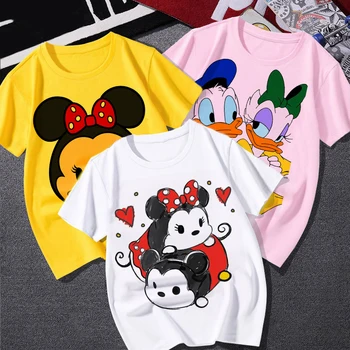  Kızlar Yaz Disney Sevimli Karikatür Baskı Mickey Mouse Siyah Beyaz Ekip Boyun Üst Moda Erkek Kısa Kollu 2022 Yeni Çocuk Giysileri