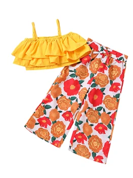  Sevimli Kız Yaz Kıyafeti Ruffled Kolsuz kolsuz bluz ve Çiçek Baskı Yüksek Bel Geniş Bacak pantolon seti