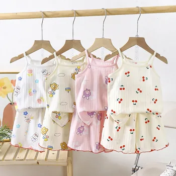  Bebek Yaz Ev Tekstili Giyim Kız Sevimli Baskılı Yelek + Şort 2 Parça Set Çocuklar İnce Askı Elbise Trendi