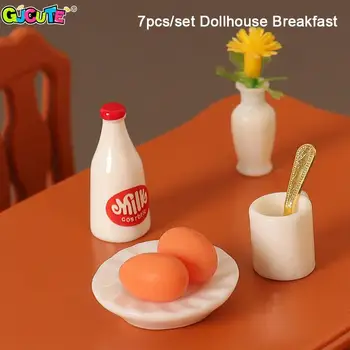  7 Adet / takım Dollhouse Süt Yumurta Sofra Seti Dollhouse Minİ Kahvaltı Gıda Dekor İçin 1: 12 Bebek Evi Mutfak Aksesuarları