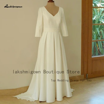  Lakshmigown Basit Krep Saten Bir Çizgi düğün elbisesi 3/4 Kollu 2023 Vestidos Sivil V Boyun gelinlikler
