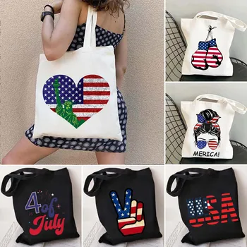  Vintage Barış ABD Amerikan Bayrağı Amerika Aşk Kalp 4th Temmuz Vatansever Kadın alışveriş çantası Omuz Alışveriş Tuval Tote Çanta