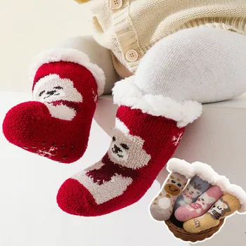  Sevimli Kış Bebek Karikatür Noel Çorap Kalınlaşmak Pamuk Sıcak Yenidoğan Çocuklar Kat Çorap Kaymaz Çocuk Çorap 0-4 yıl