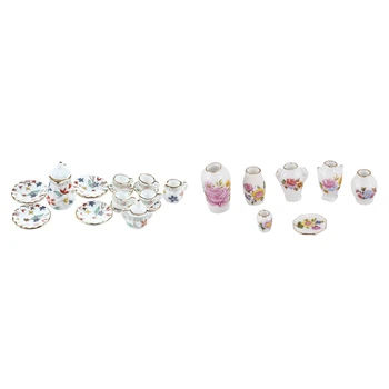  2 Set Dollhosue Minyatür Aksesuarlar: 1 Set Yemek Takımı Porselen Çay Seti ve 1 Set Seramik Porselen Porselen Gül Vazo