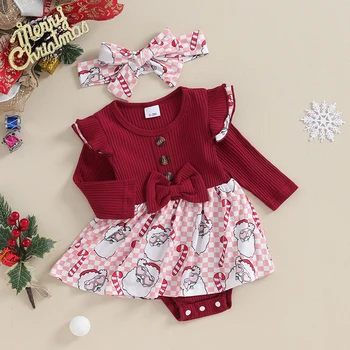  Bebek Bebek Kız Romper Elbise Ekose Baskı Uzun Kollu Yuvarlak Boyun Dantel Bodysuit Kafa Bandı Noel 2 Adet Setleri