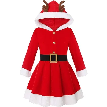 Çocuk Kız Noel Elbise Noel Baba Cosplay Kostüm Kapşonlu Geyik Kulaklar Uzun Kollu Polar Elbise evaze elbise Kemer ile