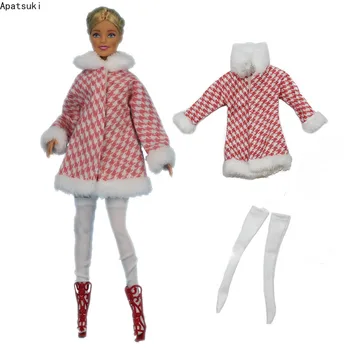 Kış Sıcak Giyim Seti barbie bebek Kıyafetler Pembe Balıksırtı Ekose Kürk Ceket Çorap Barbie 1/6 Bebek Aksesuarları
