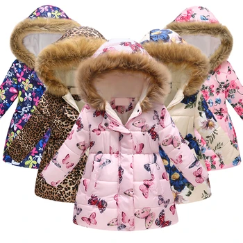  Kızlar Aşağı Ceketler Çocuk Baskılı Artı Kadife Kalın Giyim Çocuk Giyim Sonbahar Kış Boyl Sıcak Kürk Yaka Kapşonlu Palto Yeni