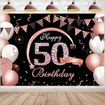  Mutlu 50th Doğum Günü Afiş Zemin Gül Altın Elli Yaşındaki İşareti Posteri Fotoğraf Arka Plan Parti Malzemeleri Süslemeleri