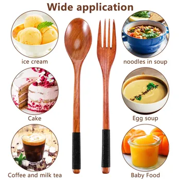  Tahta Kaşık Çatal Seti Japon Tarzı Ahşap Mutfak Eşyaları Seti Yemek için Ahşap Sofra Takımı Seti Yeniden Kullanılabilir (Siyah Kordonlar,10 Adet)