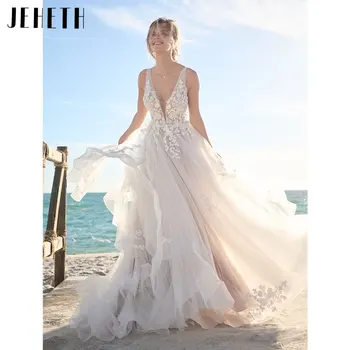  JEHETH V Yaka Aplikler Gelinlikler Spagetti Kayışı Kolsuz Gelin Elbise Backless Tül vestidos de fiesta Custom Made 2024