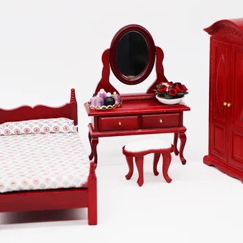  1:12 Dollhouse Mini yatak odası mobilyası Dekorasyon Minyatür Yatak Odası Dresser Ahşap Maun Renk Süsler Bebek Evi Aksesuarları
