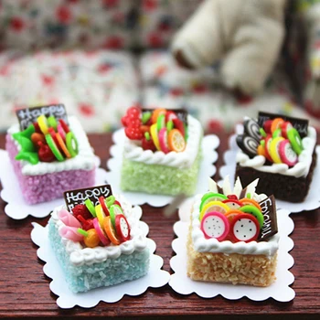  1:12 Ölçekli Dollhouse Minyatür Oyuncaklar Kek Öğleden Sonra Çay Tatlı Gıda Meyve kremalı kek Kız Bebek Evi Mutfak Aksesuarları Oyuncak