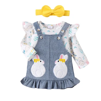  Bebek Kız Paskalya Kıyafet 3 Adet Set fırfırlı kıyafet Tulumlar ve Askı Etek Bandı Yenidoğan Giysileri