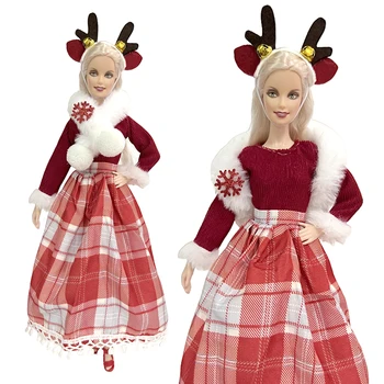  1 Takım Moda parti giysileri Santa Noel Elbise+Sevimli headdress+ Kırmızı Eşarp barbie bebek Aksesuarları DIY Cosplay Oyuncaklar