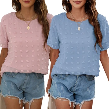  Kadın Flare Kısa Kollu Crewneck T-Shirt İSVİÇRE Nokta Jakarlı Çift Katmanlı Şifon bluz Düz Renk Rahat Gevşek Üstleri N7YE