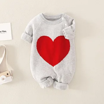  Sonbahar Kış Bebek Erkek Kız Kalp Örme Tulum Yenidoğan Bebek Yürüyor Uzun Kollu Sevimli