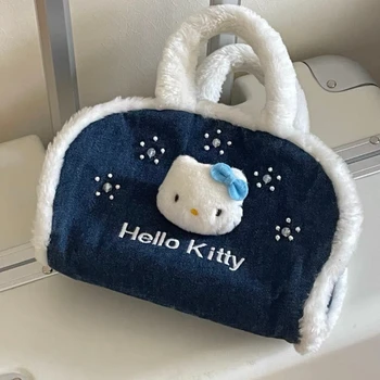  Sanrio Hellokitty Retro İşlemeli Denim Peluş El Taşıma 2023 Sonbahar Kış Yeni Koltukaltı Baget Çanta Çanta Çanta