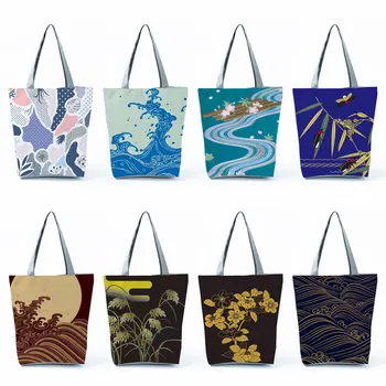  Çanta Katlanabilir Eko Yüksek Kapasiteli kadın Tote Güzel Seyahat Japon Tarzı omuzdan askili çanta Alışveriş Çantaları Dalga Çiçek Baskı Rahat