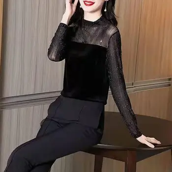  Uzun kollu Gömlek Parlak Şerit Dantel Patchwork kadın Bluz Uzun Kollu Standı Yaka Yumuşak Kazak Gidip gündelik giyim Sonbahar