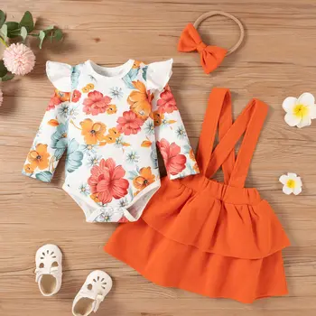  Bebek Bebek Kız Giysileri Set Moda Ruffled Çiçek Baskı Üstleri + Kayış Etek + Kafa Bandı Delikanlı Yenidoğan Giyim Yürümeye Başlayan Kıyafet