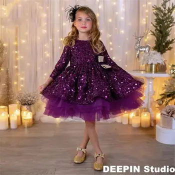  Mor Glitter Papyon Kız Balo Elbiseleri 2024 YENİ Zarif Kabarık Kız Prenses Elbise Parlak Lüks Doğum Günü düğün elbisesi Kız