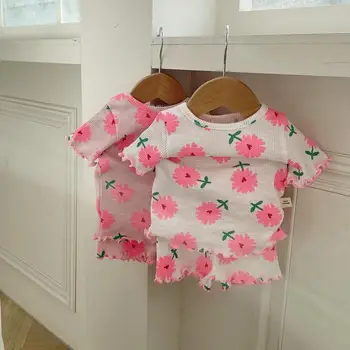  2023 Yaz Yeni Bebek Kısa Kollu Giyim Seti Bebek Kız Çiçek Baskı Pijama Üstleri Pantolon 2 adet Takım Elbise Çocuk Rahat Kıyafetler