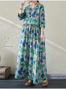  2024 İlkbahar Sonbahar Pamuk Mavi Çiçek Vintage Elbiseler Kadınlar İçin Rahat Gevşek Uzun Moda Zarif Sanat Elbise Ofis kadın giysisi