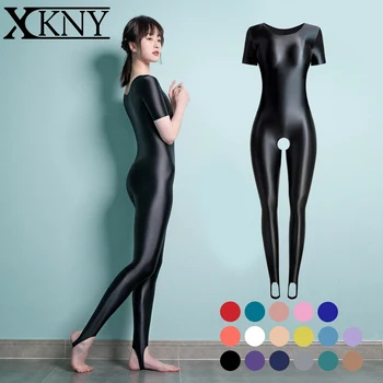  XCKNY saten parlak tayt pürüzsüz yağ yuvarlak boyun kısa kollu sıkı üzengi pantolon zentai parlak BODYSUİT Açık kasık unisex