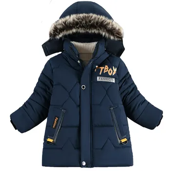  4-10 Yıl Kış Çocuk Mektubu Baskı Ceket Sıcak Kürk Yaka Moda Kapşonlu Fermuar Ceket Erkek Giyim Çocuk günlük kıyafetler Yeni