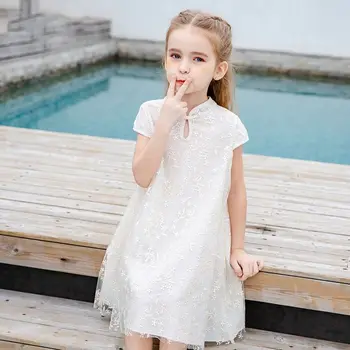  2023 Yeni Saf Pamuk kız elbisesi Yaz çocuk Elbise Çin Tarzı Pan Toka Qipao Örgü Elbise Moda Saf