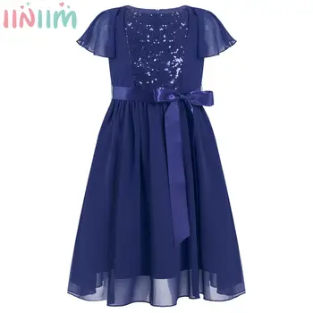  Çocuk Kız Parlak Pullu Şifon Parti Elbise Fırfır Kollu Zarif Prenses Elbise Ayrılabilir Saten Kanat Düğün Doğum Günü için
