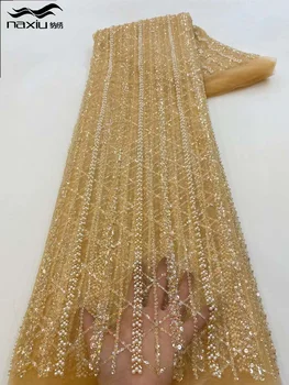 Madison Afrika Sequins Dantel Kumaş 5 Metre Yüksek Kaliteli Fransız Nijeryalı Damat Dantel dikiş kumaşı Elbise Düğün Parti