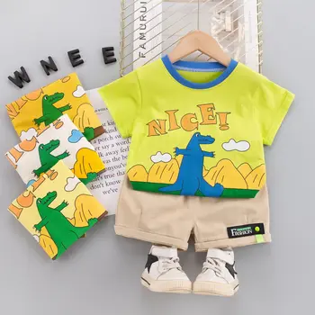  Yaz Çocuk Bebek Giysileri Seti Erkek 0-4 Yıl Bez Spor Karikatür Hayvan Bebek Giyim Takım Elbise Dinozor Üst T-shirt Yürümeye Başlayan Kıyafet