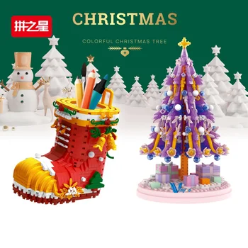  Noel Ağacı Yapı Taşları Modeli Santa Çizmeler Kalem Konteyner Monte 3D Plastik Bulmaca Tuğla çocuk için oyuncak Hediyeler