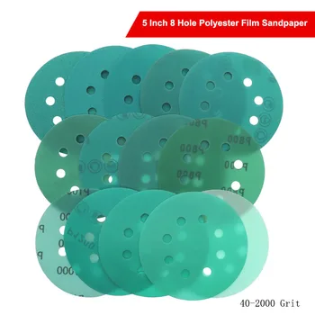  5 İnç 125mm 8 Delik Polyester Film Zımpara Diski 40-2000 Grit PET Film Kanca Döngü Islak Kuru Zımpara Metal Boya Yüzey