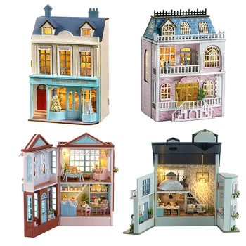  Yeni DIY Ahşap Minyatür Yapı Kiti Bebek Evleri Mobilya ile Tatlı Dükkanı Casa Dollhouse El Yapımı Oyuncaklar Kızlar için Noel Hediyeleri