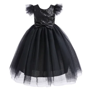  Beyaz Siyah Düğün Doğum Günü Elbisesi Payetli Tutu Kız Prenses Elbise Puf Kollu Çocuk Giyim Parti Güz 3 10 12 yıl