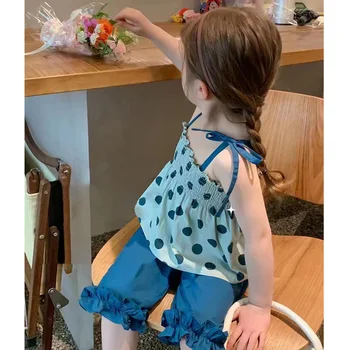  Yaz Kızlar Butik Giyim Askı Polka-dot Üst Kraliyet Mavi Petal Kenar Geniş bacak Pantolon Kolsuz Moda Pamuk Setleri Çocuklar